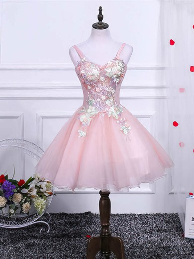 A-line V-neck Lace Tulle Short/Mini Short Prom Dresses With Appliques Lace #Favs020020110136
