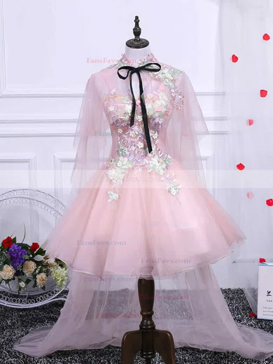 A-line V-neck Lace Tulle Short/Mini Short Prom Dresses With Appliques Lace #Favs020020110136