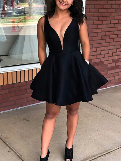 A-line V-neck Satin Knee-length Short Prom Dresses With Pockets #Favs020020111635