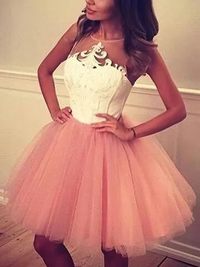 A-line Scoop Neck Tulle Short/Mini Lace Short Prom Dresses #Favs020020109246