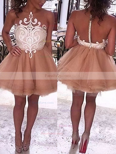 A-line Scoop Neck Tulle Short/Mini Lace Short Prom Dresses #Favs020020109246