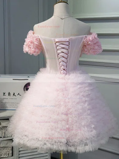 A-line Off-the-shoulder Lace Tulle Short/Mini Short Prom Dresses With Flower(s) #Favs020020110138