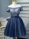 A-line Off-the-shoulder Lace Tulle Knee-length Short Prom Dresses With Appliques Lace #Favs020020110139