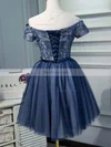 A-line Off-the-shoulder Lace Tulle Knee-length Short Prom Dresses With Appliques Lace #Favs020020110139