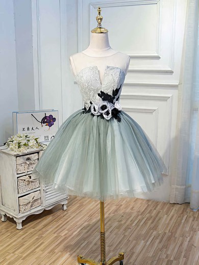 Ball Gown Scoop Neck Lace Tulle Short/Mini Short Prom Dresses With Flower(s) #Favs020020110140