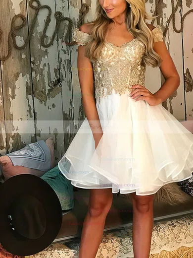 A-line Off-the-shoulder Organza Short/Mini Short Prom Dresses With Appliques Lace #Favs020020111640