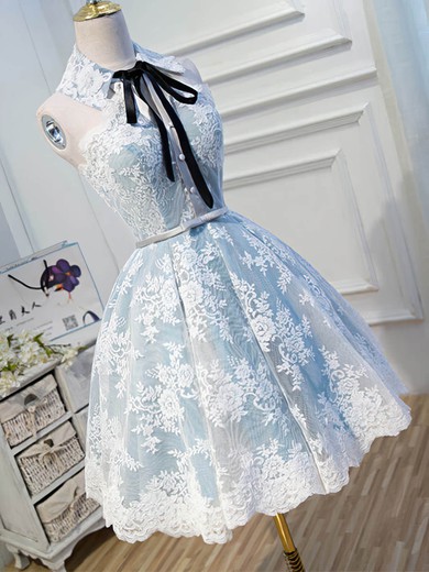 A-line Scoop Neck Lace Tulle Knee-length Short Prom Dresses With Bow #Favs020020110141
