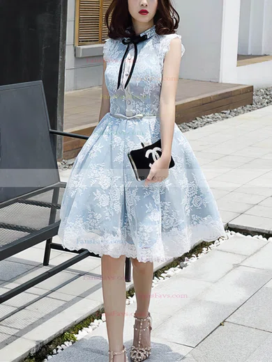 A-line Scoop Neck Lace Tulle Knee-length Short Prom Dresses With Bow #Favs020020110141