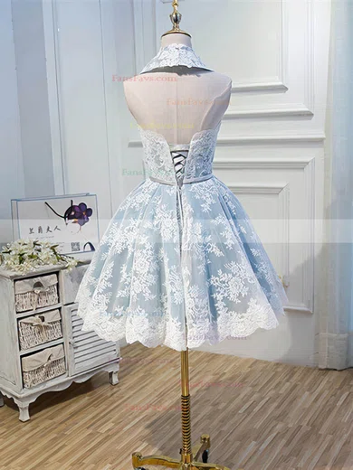 A-line Scoop Neck Lace Tulle Knee-length Short Prom Dresses With Bow #Favs020020110141