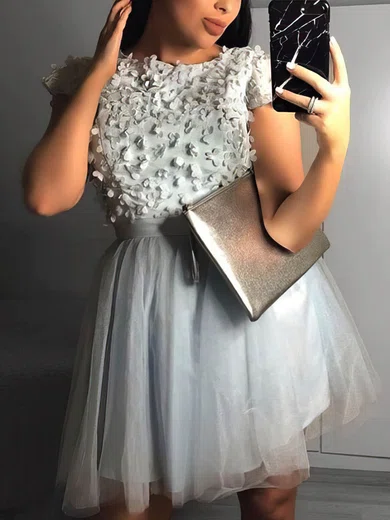 A-line Scoop Neck Tulle Short/Mini Short Prom Dresses With Flower(s) #Favs020020111645