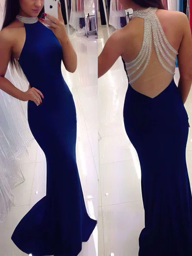 Trumpet/Mermaid High Neck Jersey Sweep Train Beading Prom Dresses #Favs020102490