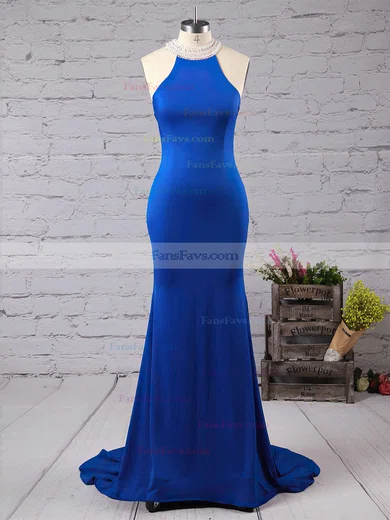 Trumpet/Mermaid High Neck Jersey Sweep Train Beading Prom Dresses #Favs020102490