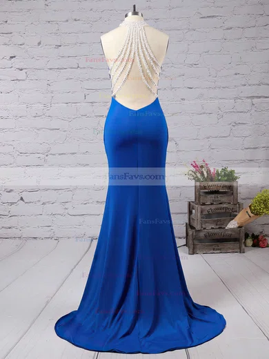 Trumpet/Mermaid High Neck Jersey Sweep Train Beading Prom Dresses #Favs020102490