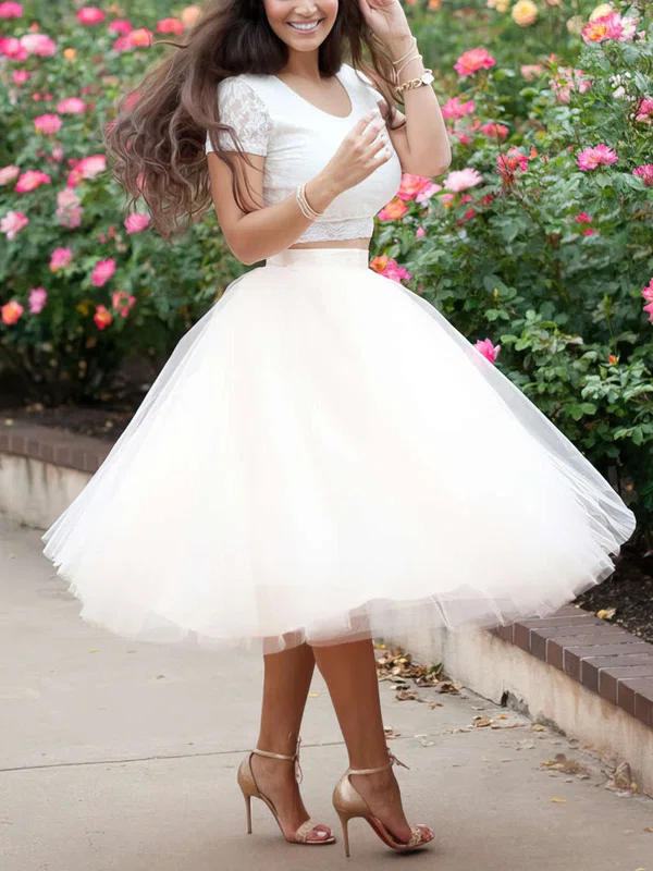 Ball Gown Scoop Neck Lace Tulle Tea-length Short Prom Dresses #Favs020103108