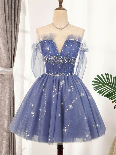 A-line Scoop Neck Tulle Short/Mini Short Prom Dresses With Beading #Favs020020110148
