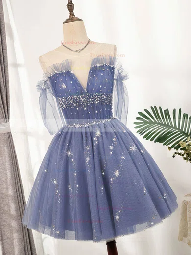 A-line Scoop Neck Tulle Short/Mini Short Prom Dresses With Beading #Favs020020110148