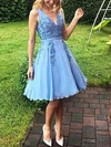 A-line V-neck Chiffon Knee-length Short Prom Dresses With Appliques Lace #Favs020020111649