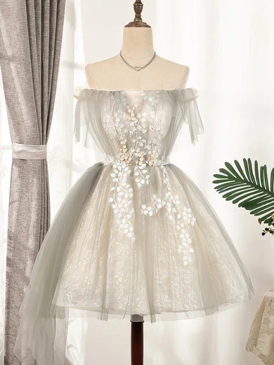 A-line Strapless Lace Tulle Short/Mini Short Prom Dresses With Beading #Favs020020110149