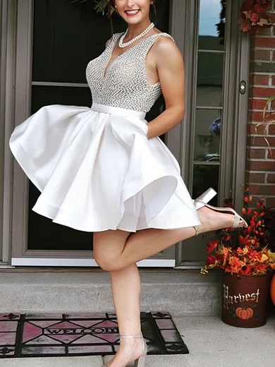 A-line V-neck Satin Short/Mini Short Prom Dresses With Pockets #Favs020020111650