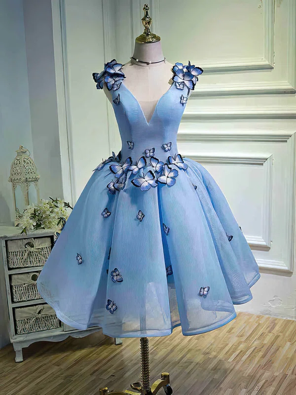 Ball Gown V-neck Tulle Knee-length Short Prom Dresses With Flower(s) #Favs020020110150