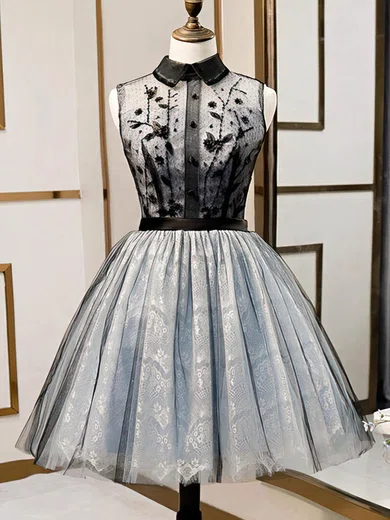 A-line High Neck Lace Tulle Short/Mini Short Prom Dresses With Beading #Favs020020110151