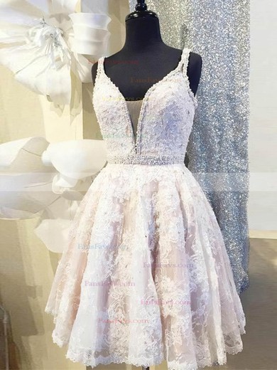 A-line V-neck Tulle Lace Knee-length Short Prom Dresses With Beading #Favs020020111652