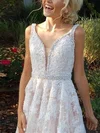 A-line V-neck Tulle Lace Knee-length Short Prom Dresses With Beading #Favs020020111652