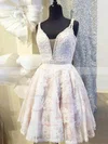 A-line V-neck Tulle Lace Knee-length Short Prom Dresses With Beading #Favs020020111652