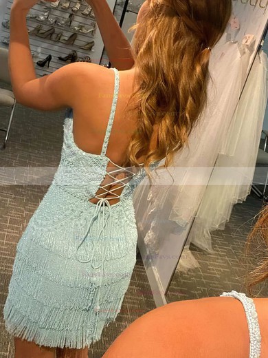 Sheath/Column V-neck Lace Short/Mini Short Prom Dresses With Tiered #Favs020020110932