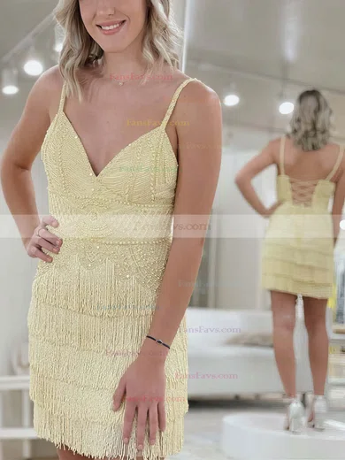 Sheath/Column V-neck Lace Short/Mini Short Prom Dresses With Tiered #Favs020020110932