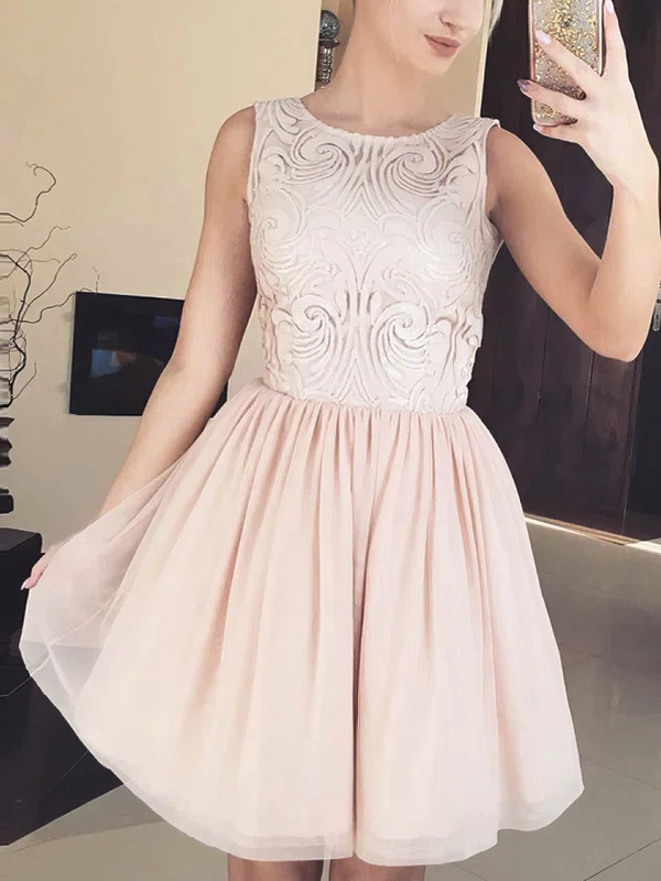 A-line Scoop Neck Lace Tulle Short/Mini Short Prom Dresses #Favs020020111653