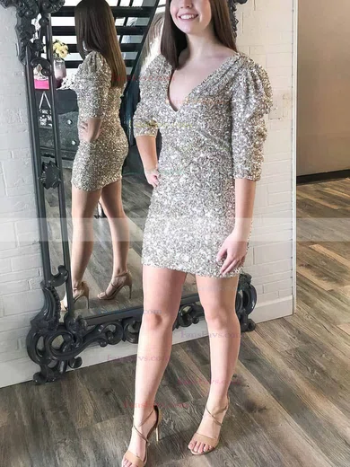 Sheath/Column V-neck Sequined Short/Mini Short Prom Dresses #Favs020020110933