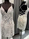 Sheath/Column V-neck Silk-like Satin Short/Mini Short Prom Dresses With Beading #Favs020020110934