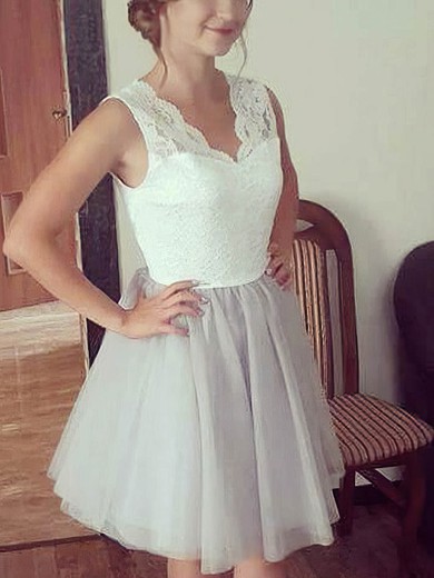 A-line V-neck Lace Tulle Short/Mini Short Prom Dresses #Favs020020111654
