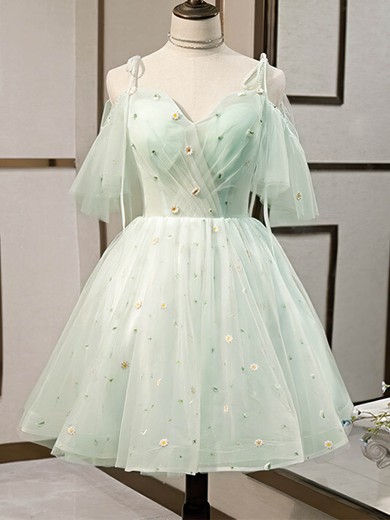 A-line V-neck Tulle Knee-length Short Prom Dresses With Flower(s) #Favs020020110154