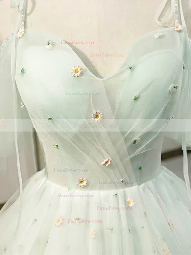 A-line V-neck Tulle Knee-length Short Prom Dresses With Flower(s) #Favs020020110154