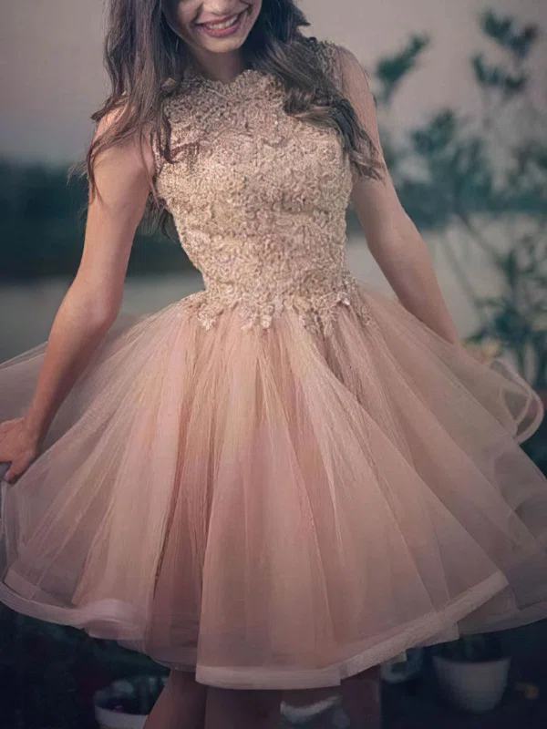 A-line High Neck Lace Tulle Knee-length Short Prom Dresses With Appliques Lace #Favs020020111657