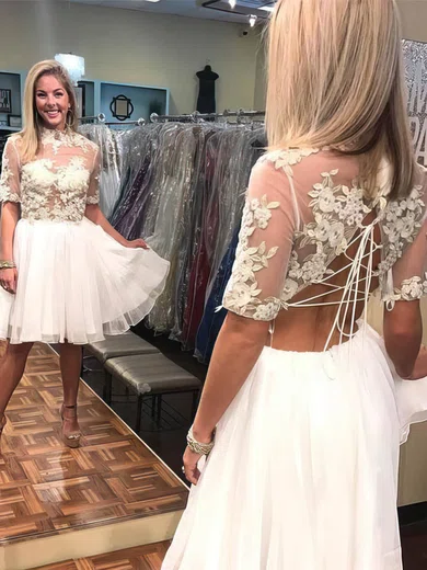 A-line High Neck Chiffon Knee-length Short Prom Dresses With Appliques Lace #Favs020020111658