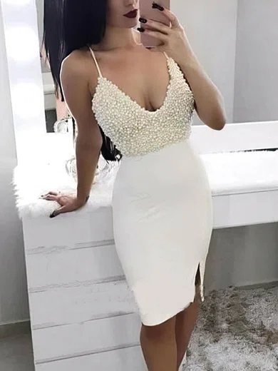 Sheath/Column V-neck Stretch Crepe Short/Mini Split Front Short Prom Dresses #Favs020020109269