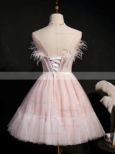 A-line Strapless Lace Tulle Short/Mini Short Prom Dresses With Feathers / Fur #Favs020020110159