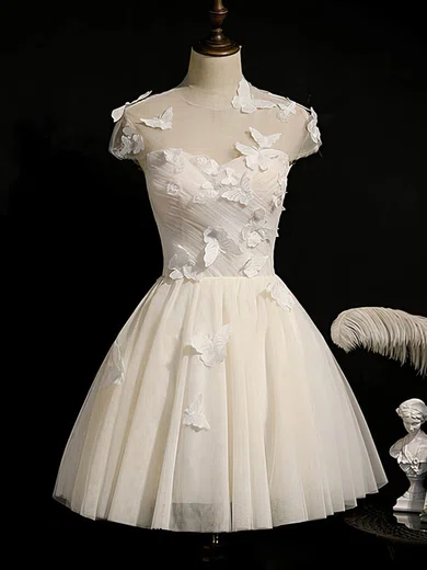 A-line Scoop Neck Tulle Short/Mini Short Prom Dresses With Appliques Lace #Favs020020110161