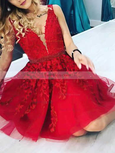 A-line V-neck Tulle Short/Mini Short Prom Dresses With Lace #Favs020020111662