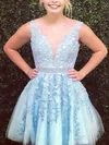 A-line V-neck Tulle Short/Mini Short Prom Dresses With Lace #Favs020020111662