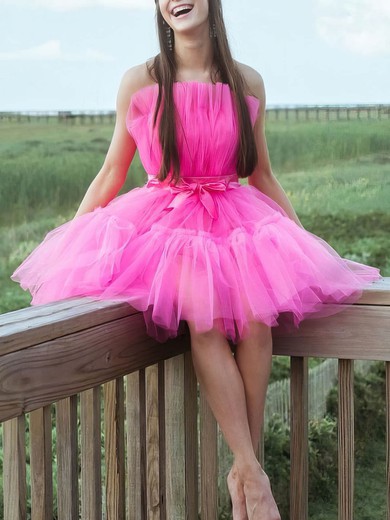 A-line Strapless Tulle Short/Mini Short Prom Dresses With Bow #Favs020020110943