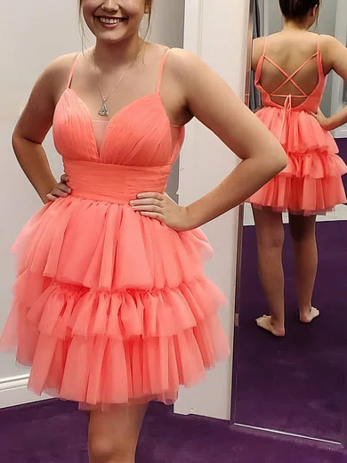A-line V-neck Tulle Short/Mini Tiered Short Prom Dresses #Favs020020109277