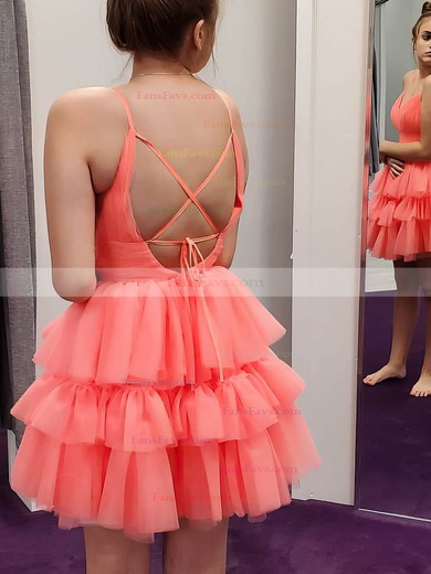 A-line V-neck Tulle Short/Mini Tiered Short Prom Dresses #Favs020020109277