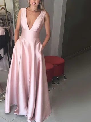 A-line V-neck Silk-like Satin Floor-length Pockets Prom Dresses #Favs020106098 A-line V-neck Silk-like Satin Floor-length Pockets Prom Dresses #Favs020106098