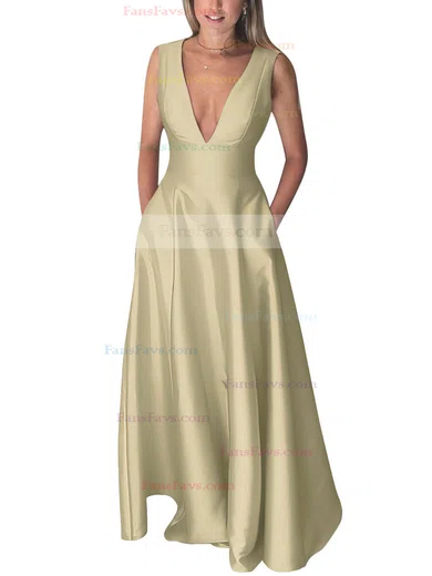 A-line V-neck Silk-like Satin Floor-length Pockets Prom Dresses #Favs020106098