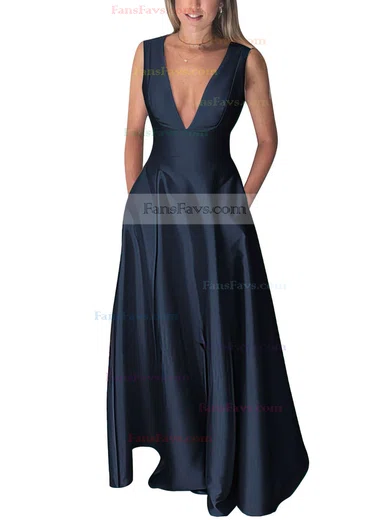 A-line V-neck Silk-like Satin Floor-length Pockets Prom Dresses #Favs020106098