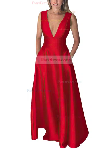 A-line V-neck Silk-like Satin Floor-length Pockets Prom Dresses #Favs020106098